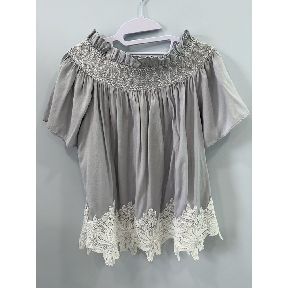 Gianni Bini Gray Off Shoulder Lace Trim Boho Peasant Top S Romantic Festival